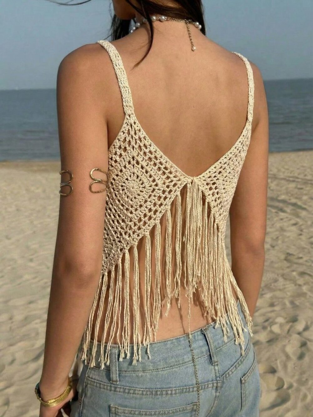 Apricot Casual Knit Women's Hollow crochet Fringe top - Picture 4 of 6